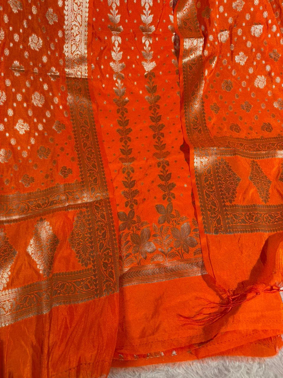 Bright oange chinia silk 3 pcs banarasi suit