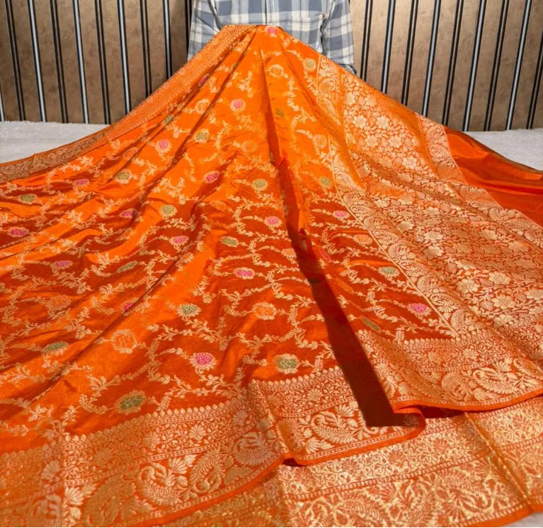 Bright orange floral Meenakari warm silk Banarasi saree