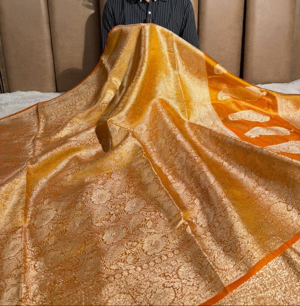 Bright orange pink brocade tissue silk Banarasi Saree