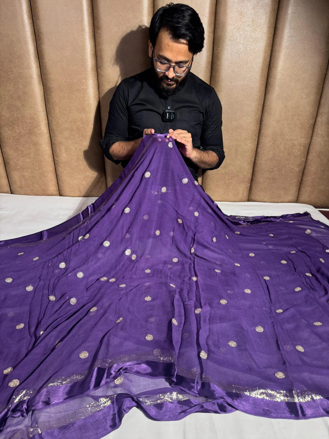 Bright purple viscose Georgette knitted embroidery saree