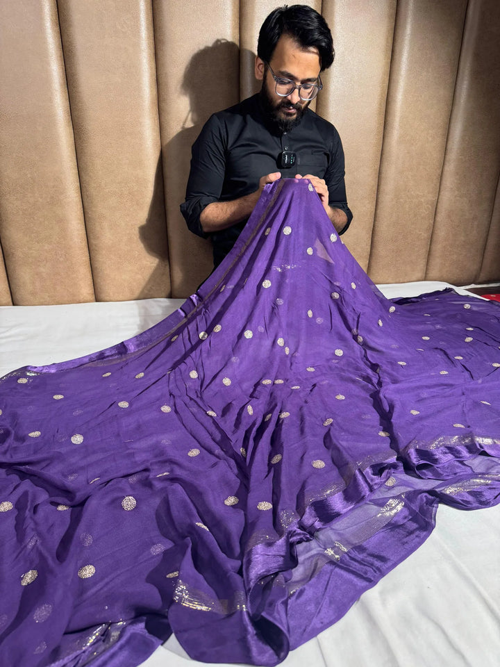 Bright purple viscose Georgette knitted embroidery saree