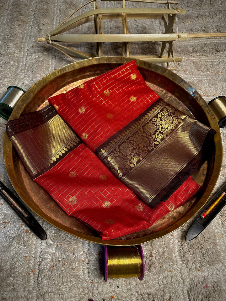 Bright Red checks buti cotton Banarasi saree