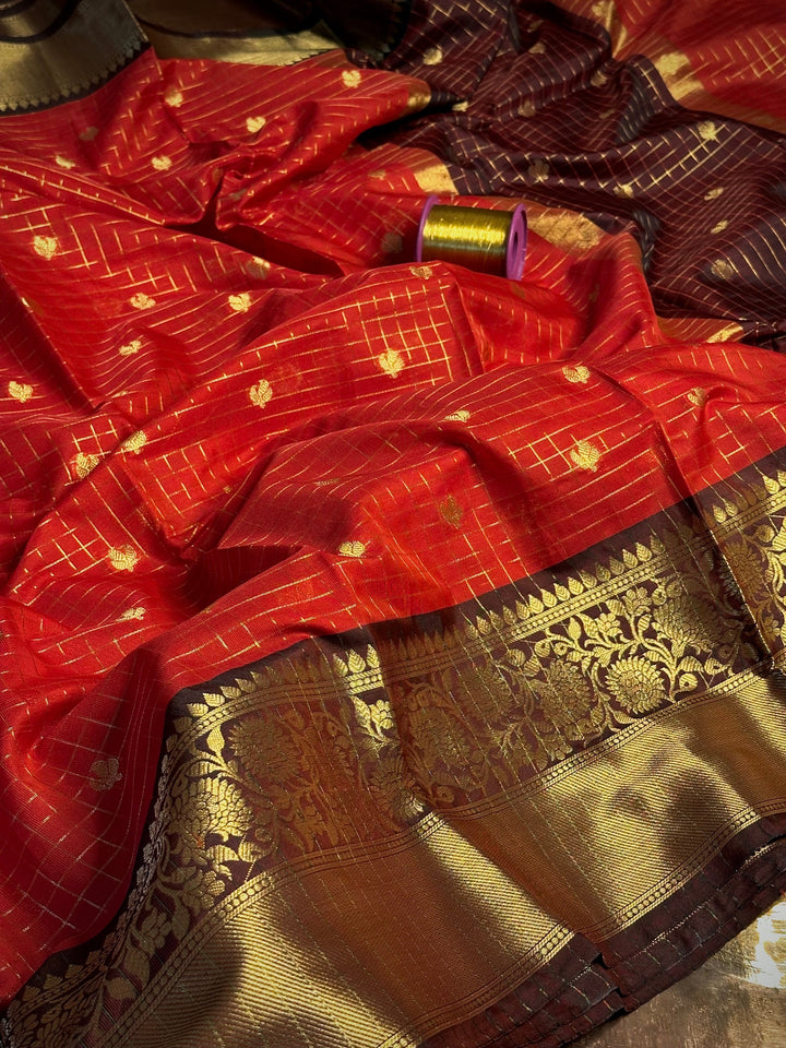 Bright Red checks buti cotton Banarasi saree