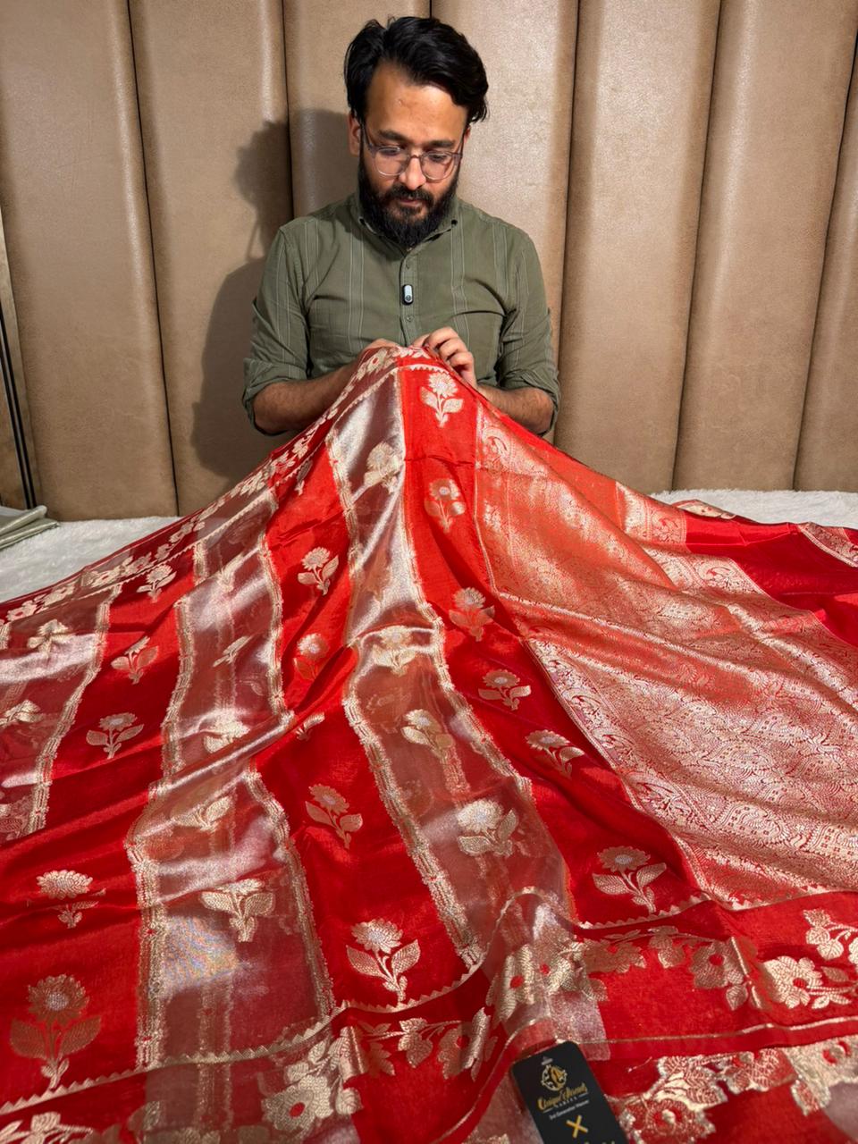 Bright red rangkat chinia tissue saree