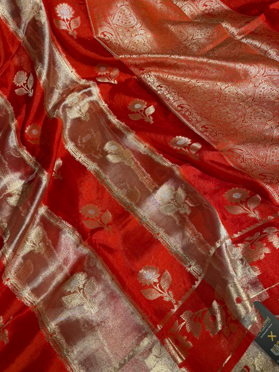 Bright red rangkat chinia tissue saree