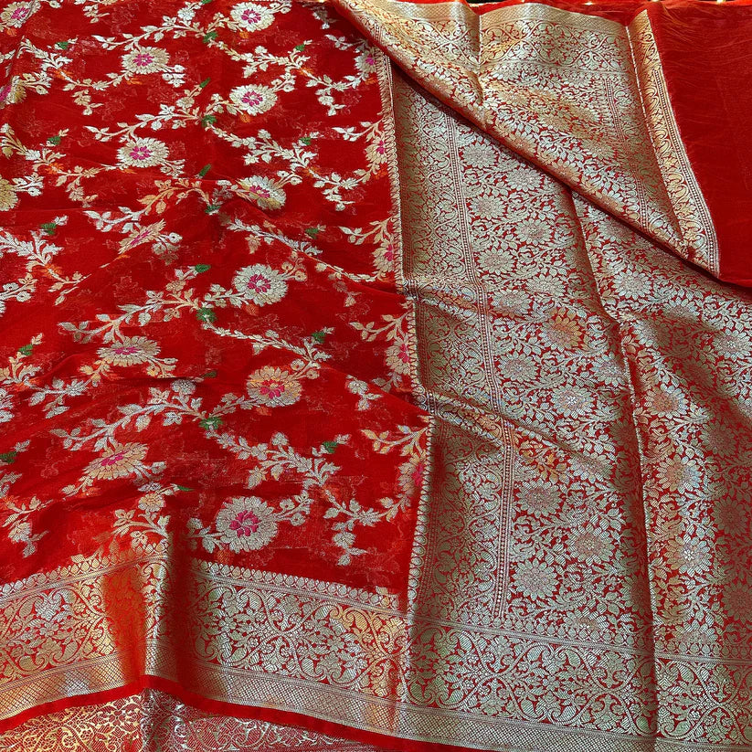 Red Semi Georgette Silk Banarasi Saree