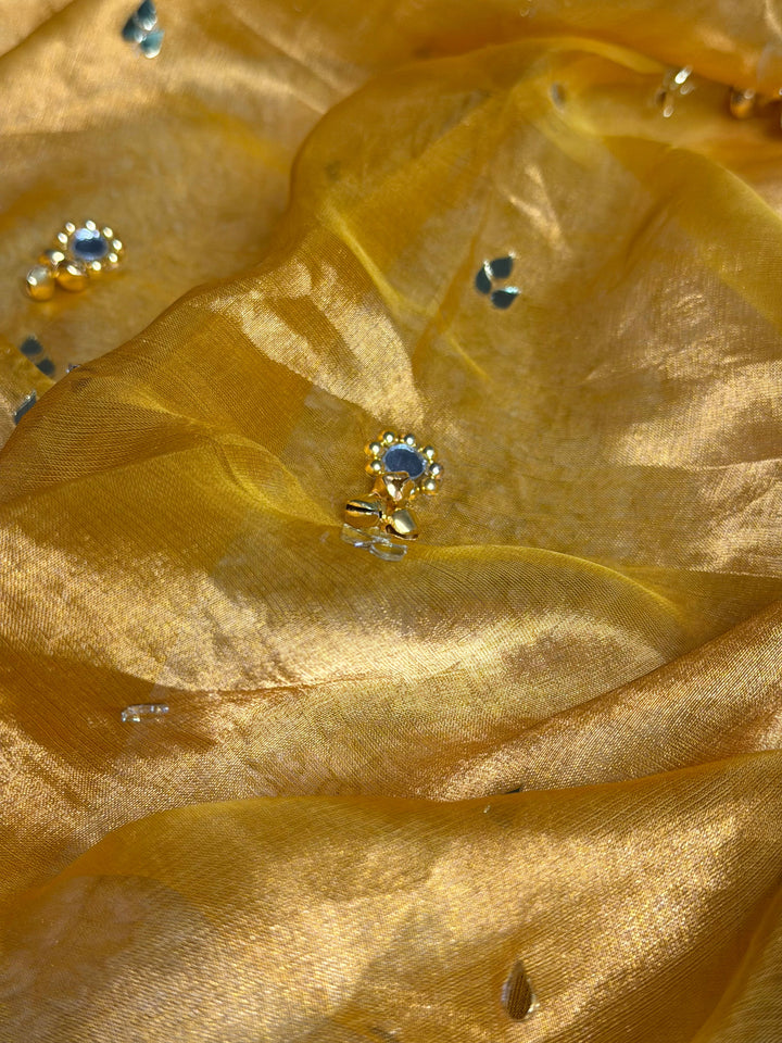 Bright Yellow Pure Tissue Ghungroo Mirror Work Saree