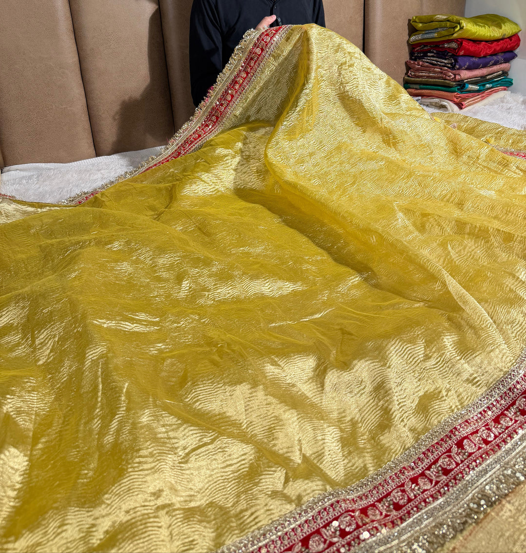 Light Gold Crushed Tissue Red Gota Banarasi Saree