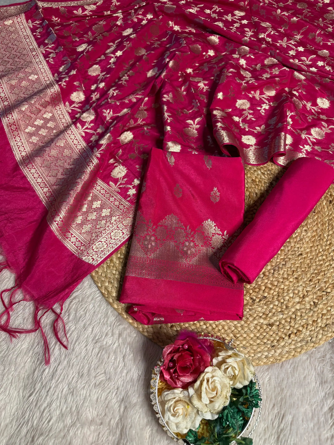 Rani Pink 3 pcs Chinia Banarasi suit set
