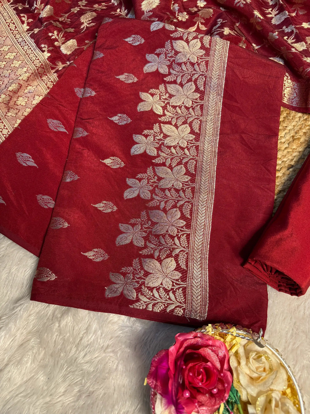 Maroon 3 pcs Chinia Banarasi suit set