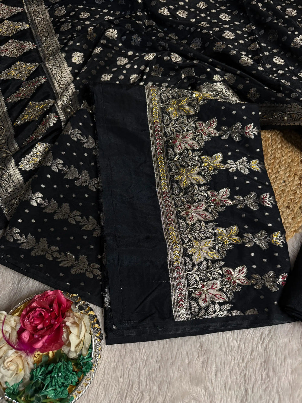 Jet Black Traditional Weave Premium Handwork Banarasi Suit