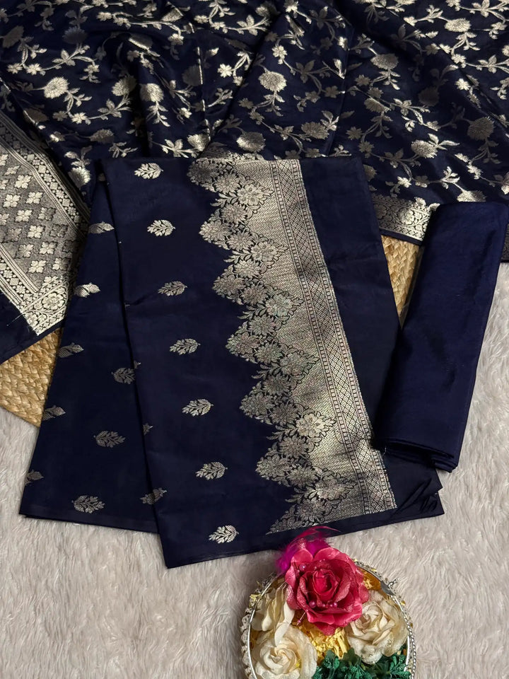Navy Blue chinia silk 3 pcs banarasi suit