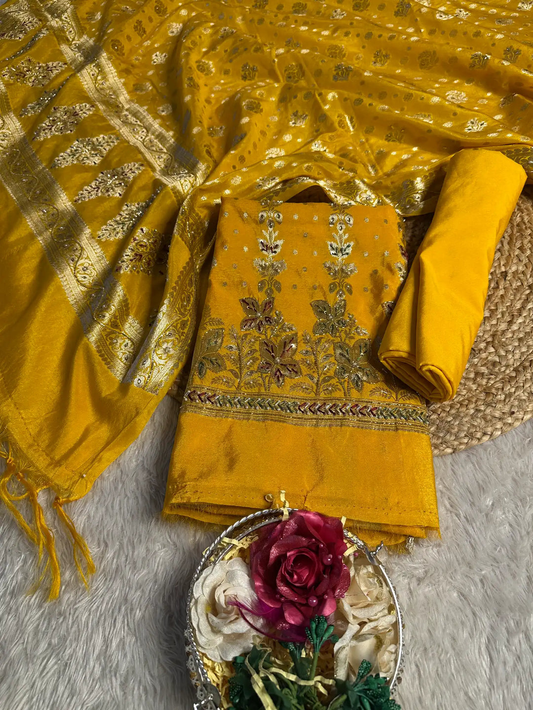 Bright Yellow Chinia Silk Premium Handwork Banarasi Suit