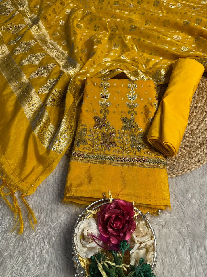 Bright Yellow Chinia Silk Premium Handwork Banarasi Suit