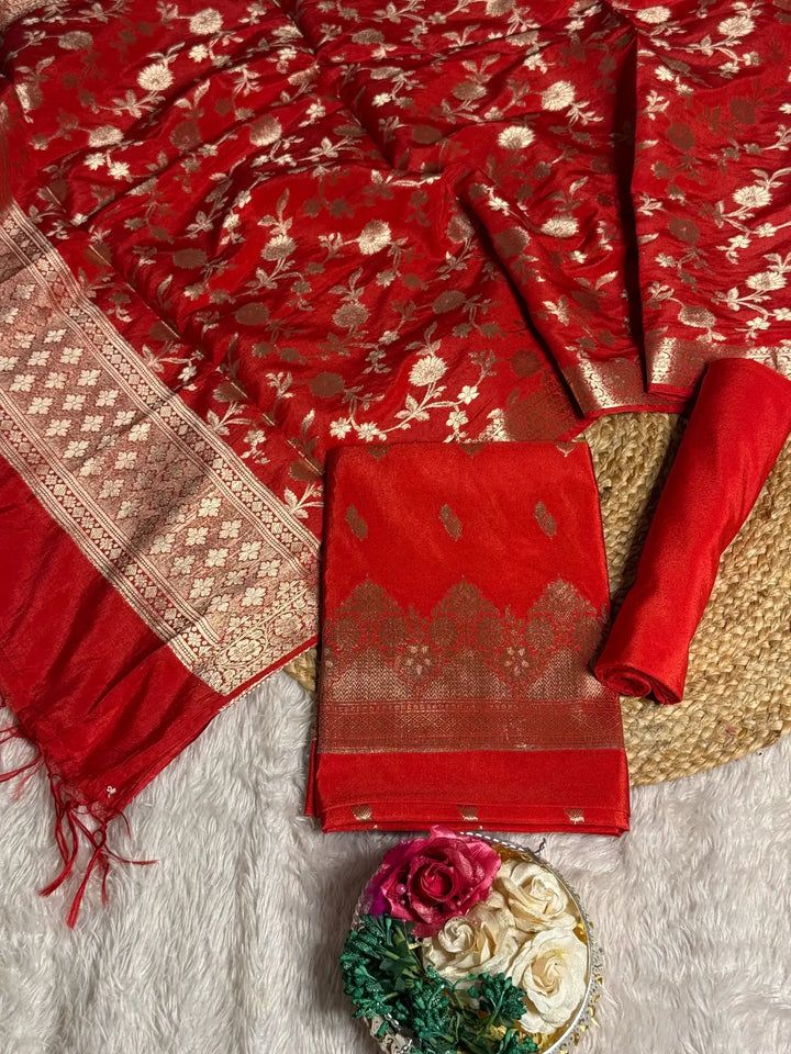 Red Chinia silk premium handwork Banarasi suit
