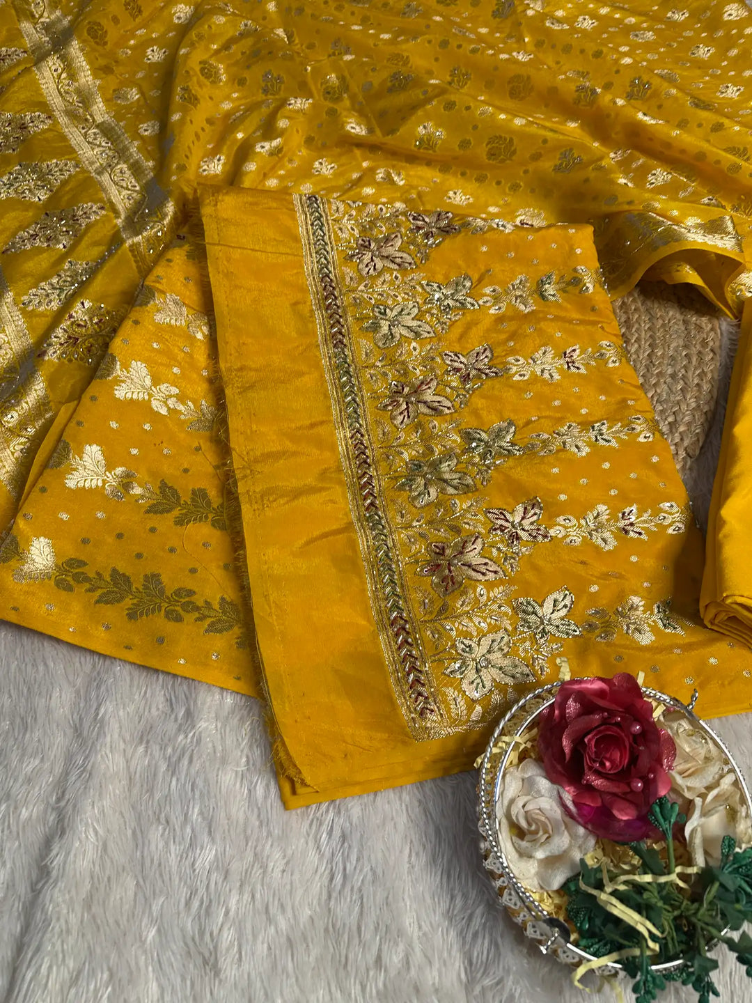 Bright Yellow Chinia Silk Premium Handwork Banarasi Suit