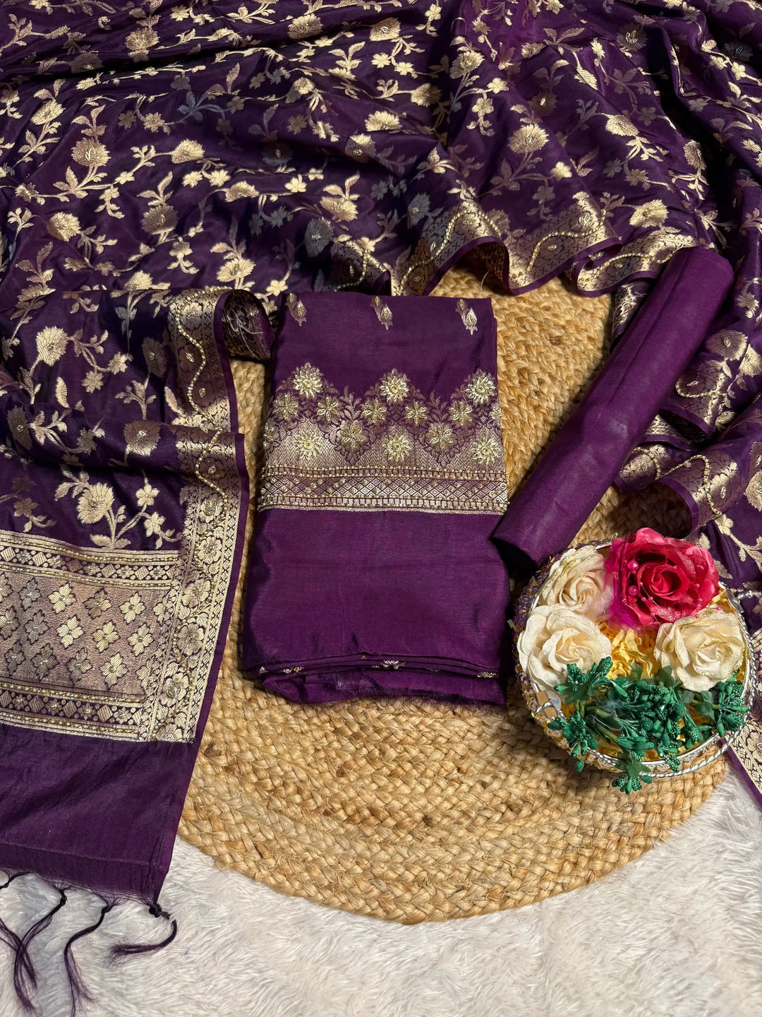 Light Majenta Chinia Silk Premium Handwork Banarasi Suit
