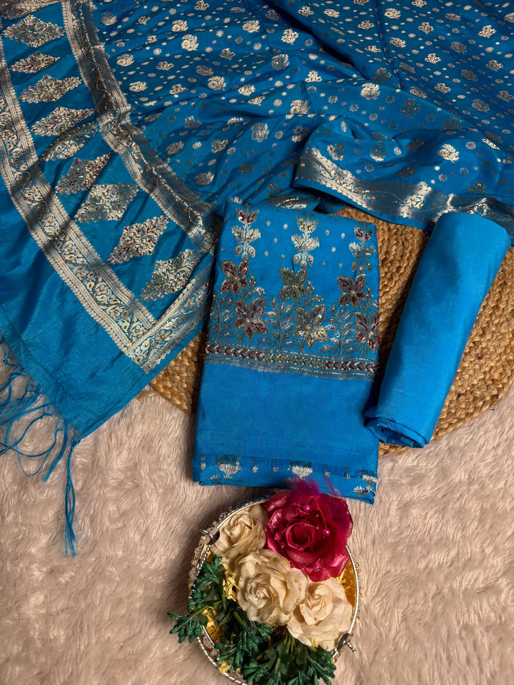 Blue Shade Jacquard Weave Premium Handwork Banarasi Suit