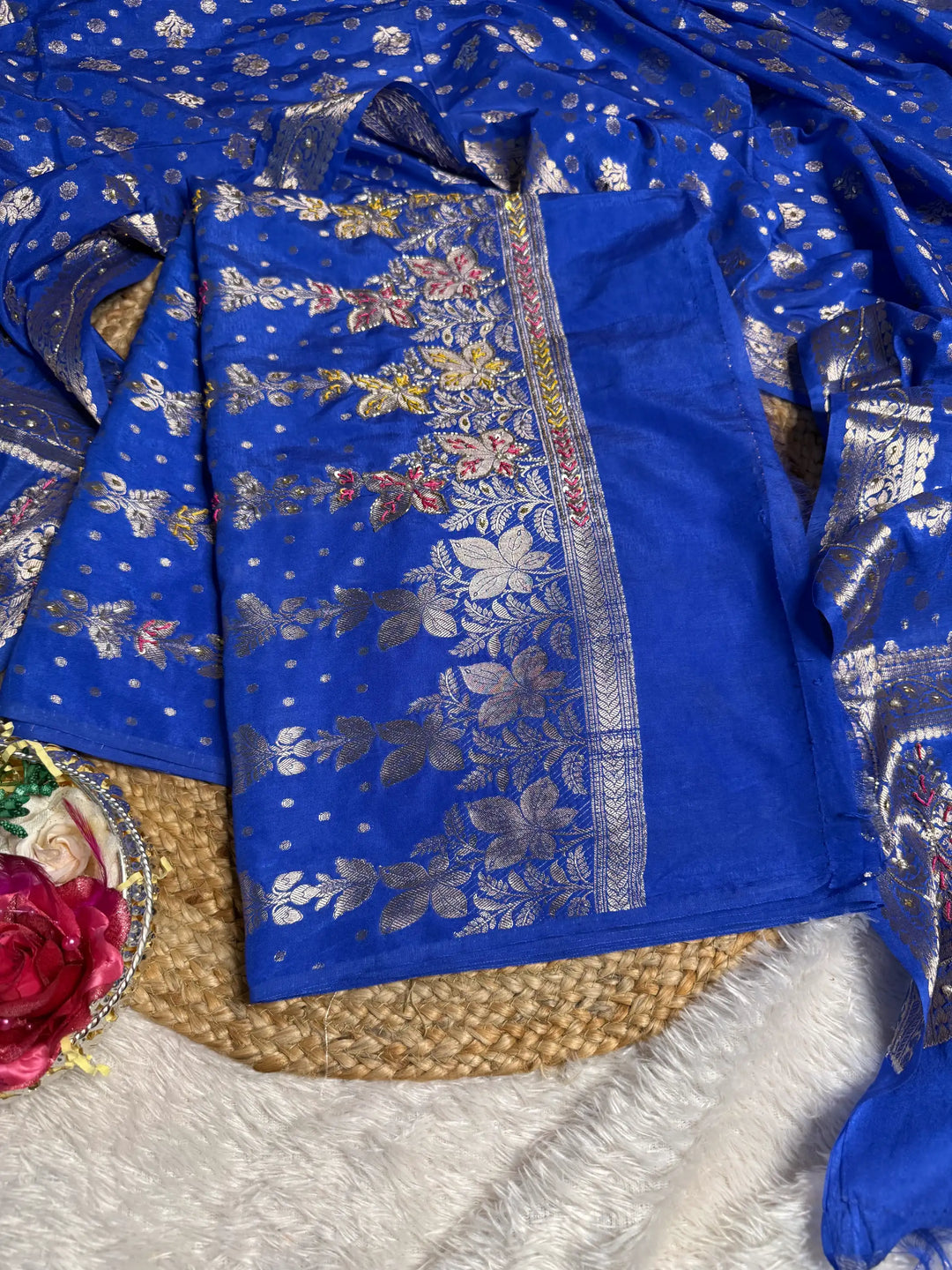 Royal Blue Jacquard Weave Premium Handwork Banarasi Suit