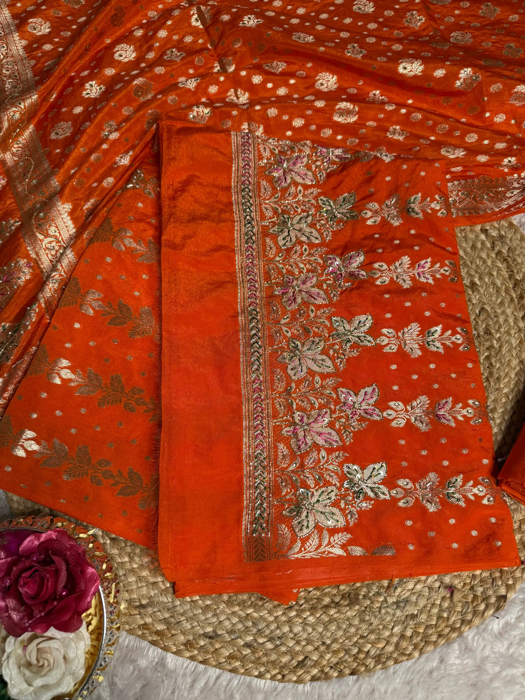 Orange Chinia silk premium handwork Banarasi suit