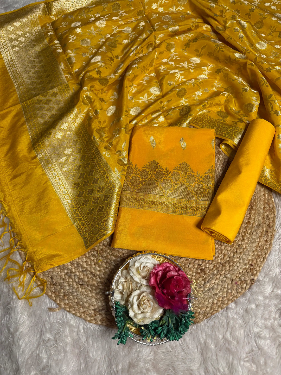 Yellow 3 Pcs Chinia Banarasi Suit Set