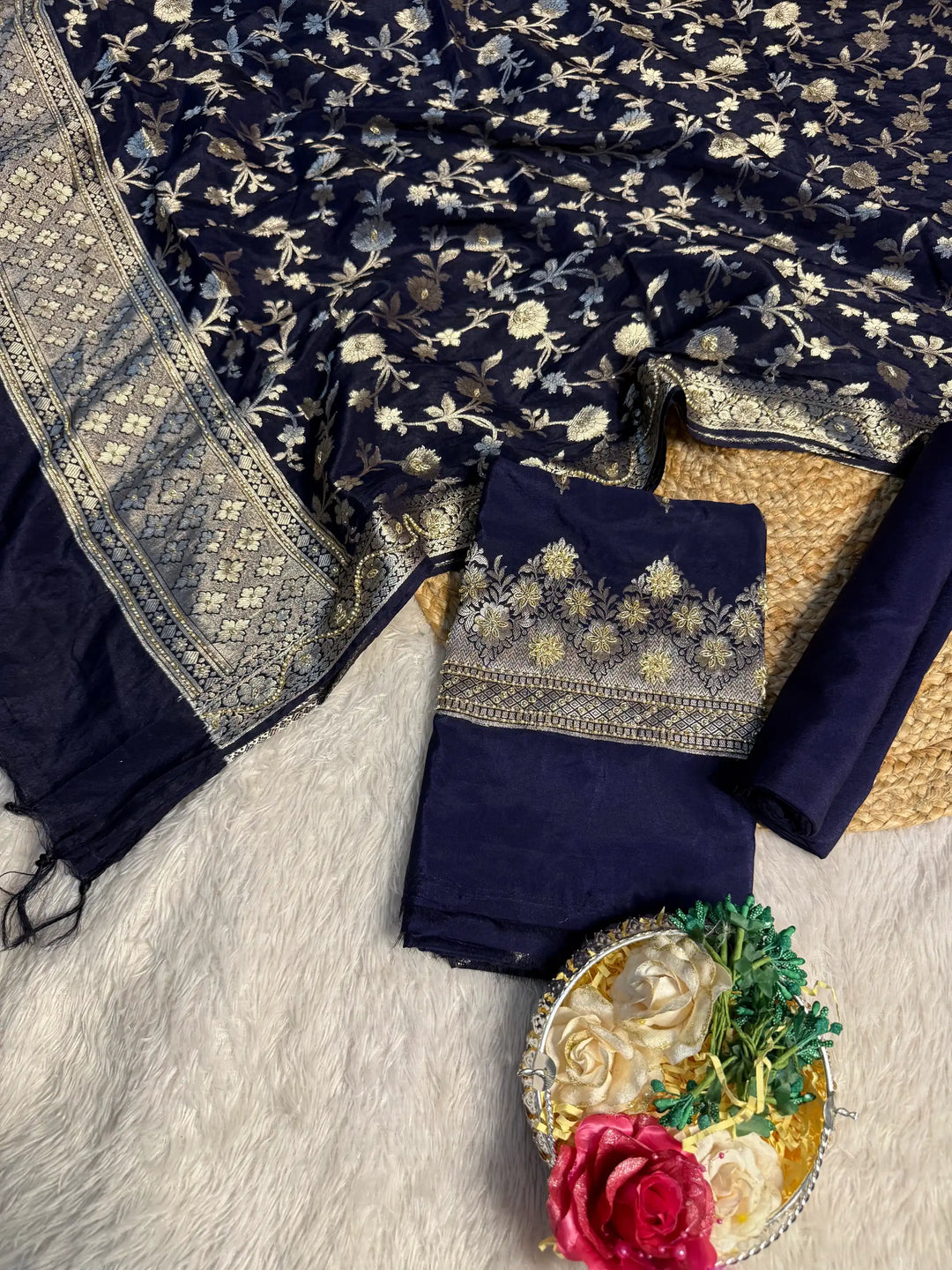 Navy Blue 3 Pcs Chinia Banarasi Suit Set