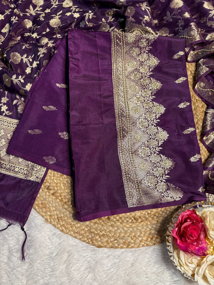 Light Majenta Chinia Silk Premium Handwork Banarasi Suit