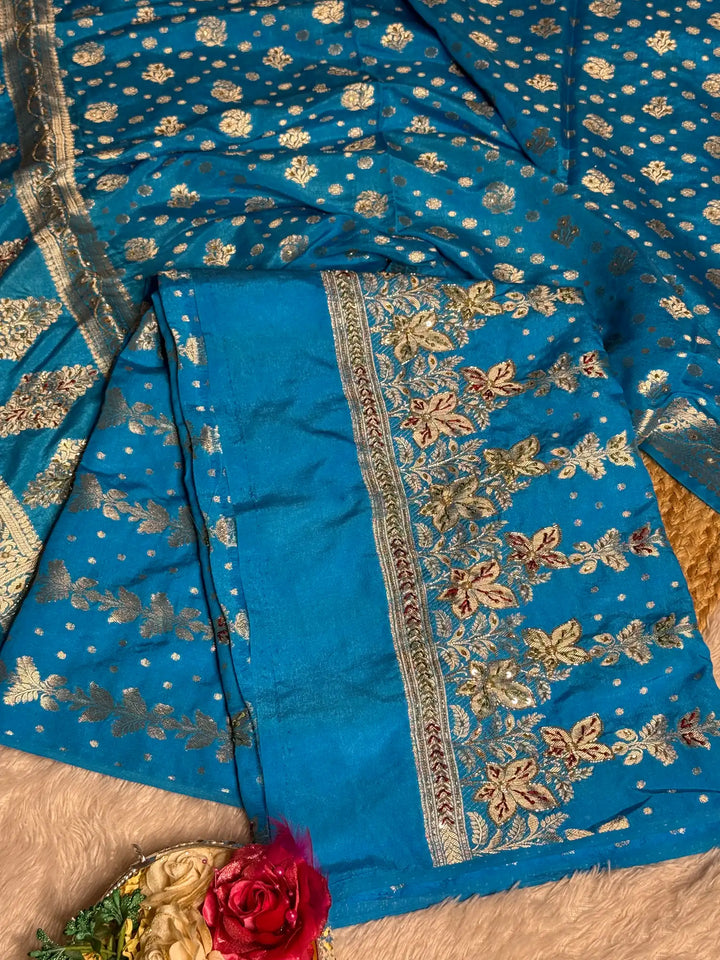 Blue Shade Jacquard Weave Premium Handwork Banarasi Suit