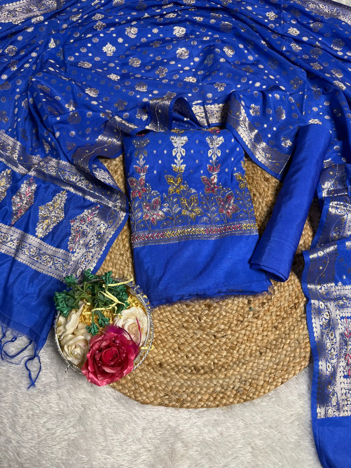 Royal Blue Jacquard Weave Premium Handwork Banarasi Suit