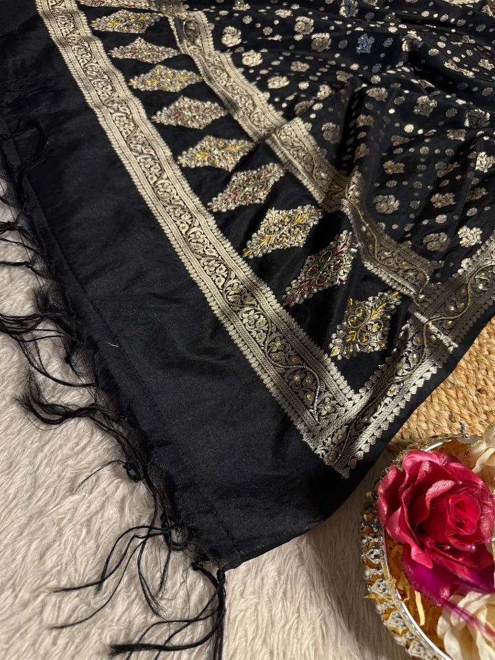 Jet Black Traditional Weave Premium Handwork Banarasi Suit