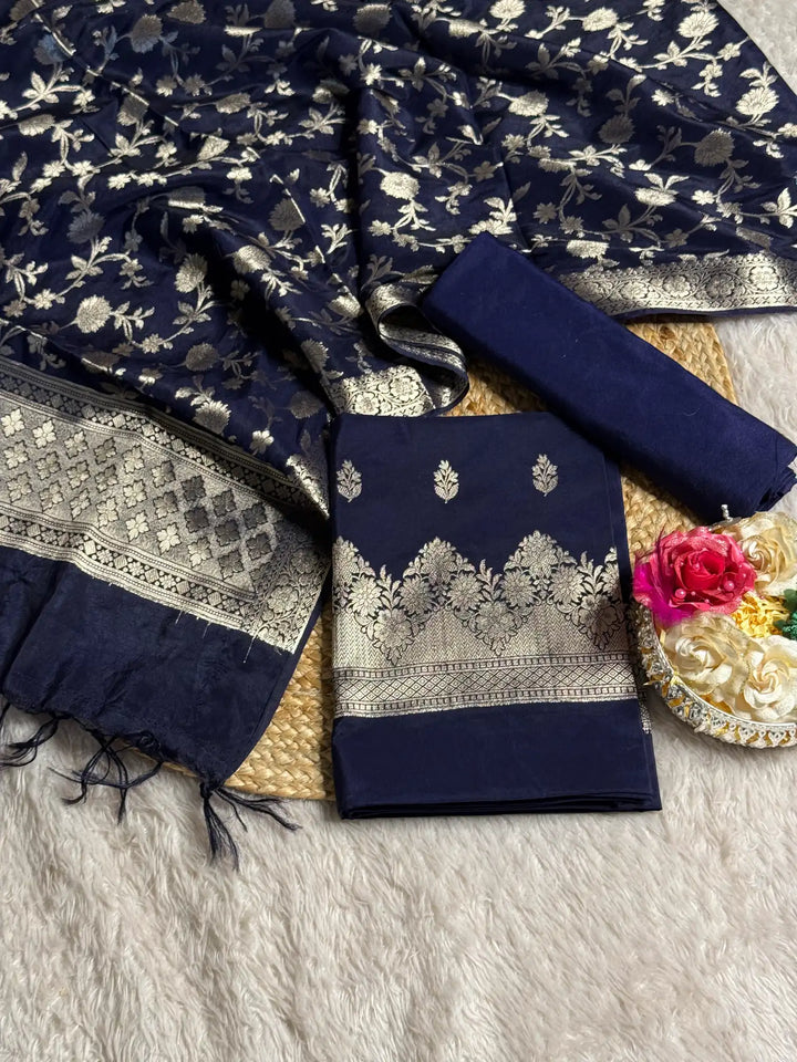 Navy Blue chinia silk 3 pcs banarasi suit