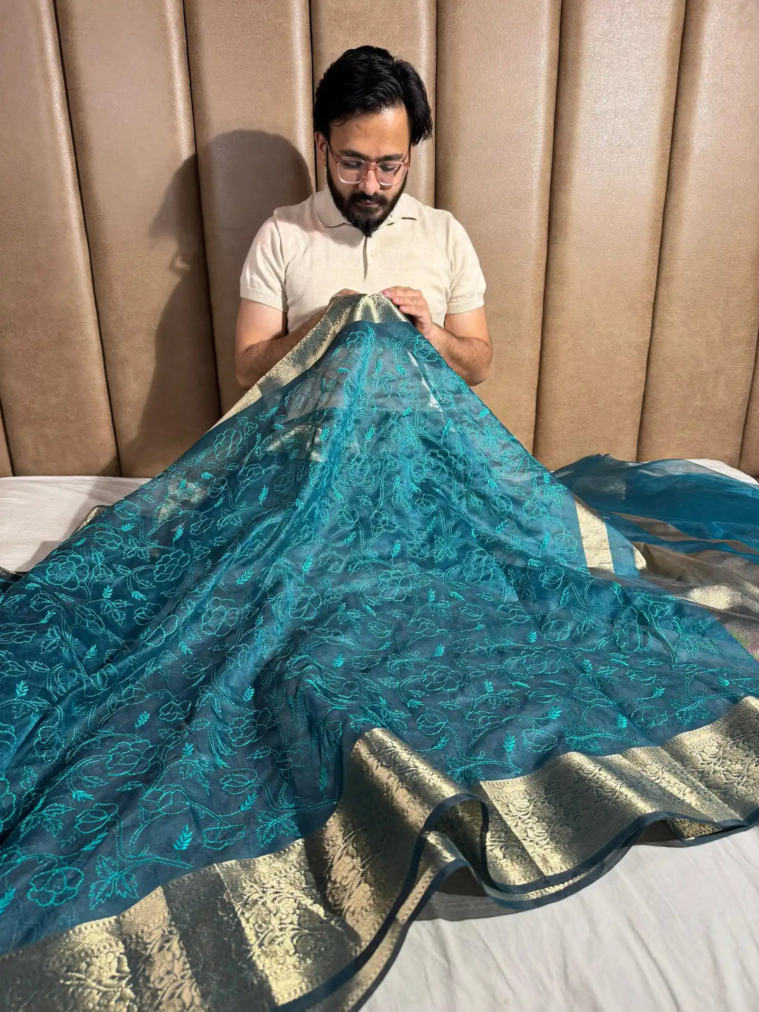 Cadet Blue Banarasi Tissue Chikankari Saree with Rich Pallu & Blouse