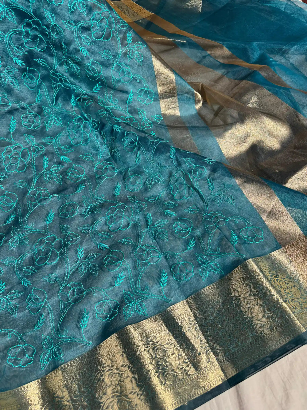 Cadet Blue Banarasi Tissue Chikankari Saree with Rich Pallu & Blouse