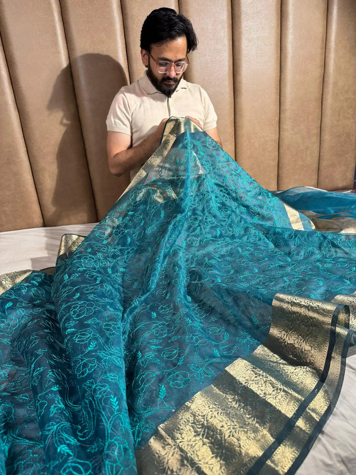 Cadet Blue Banarasi Tissue Chikankari Saree with Rich Pallu & Blouse