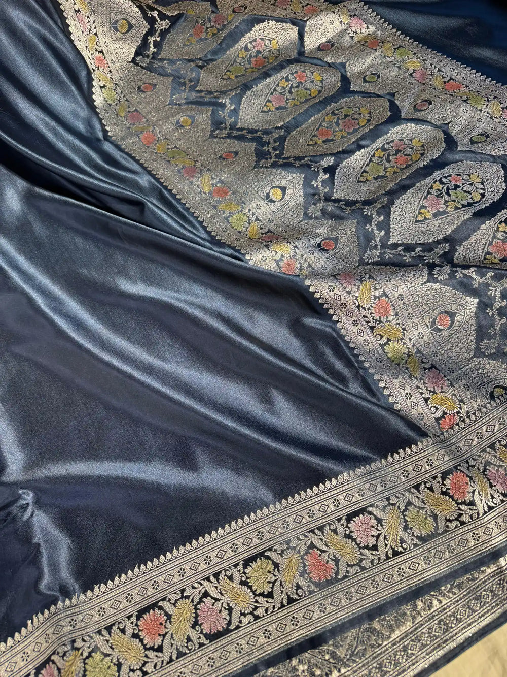 Cadet Grey Banarasi Mashru Katan Silk Handbrush Saree with Rich Pallu and Blouse