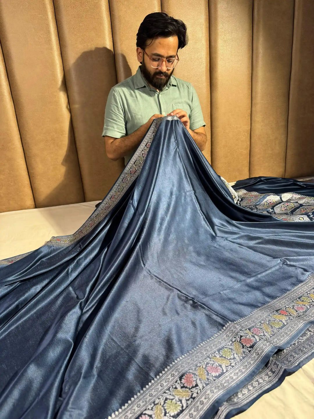 Cadet Grey Banarasi Mashru Katan Silk Handbrush Saree with Rich Pallu and Blouse