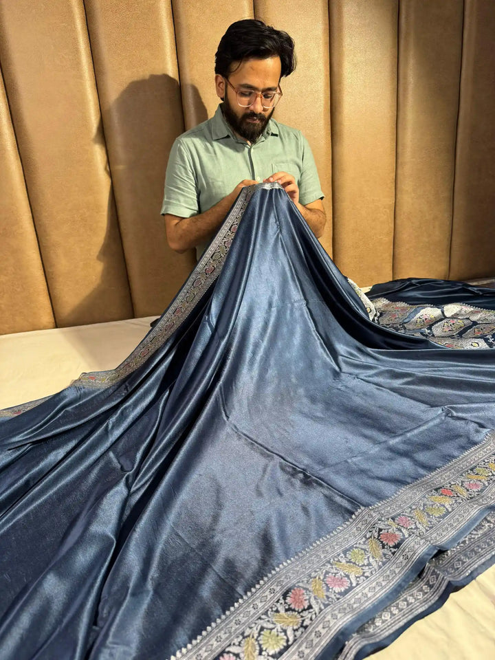 Cadet Grey Banarasi Mashru Katan Silk Handbrush Saree with Rich Pallu and Blouse