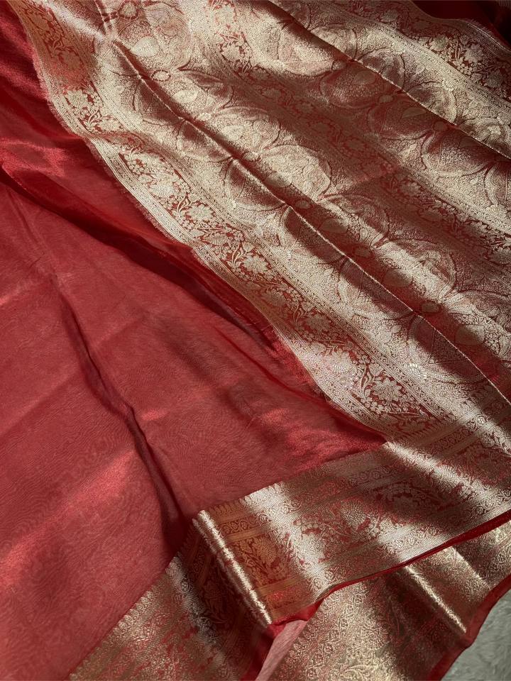 Carmine Maroon 100% Pure Tissue Silk Traditional Jacquard Weave Banarasi Saree