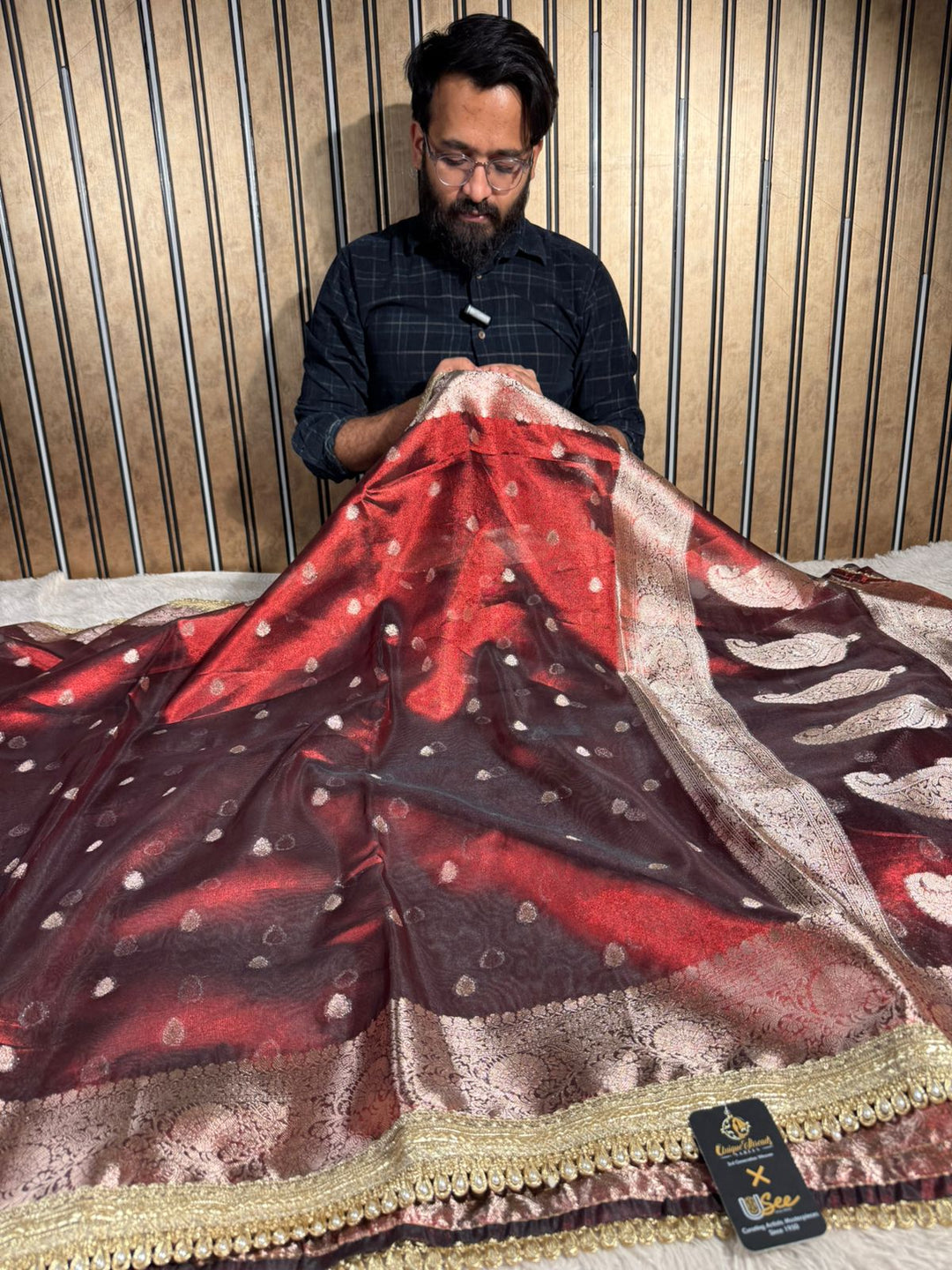 Carmine Maroon Kora Tissue Designer Banarasi Saree