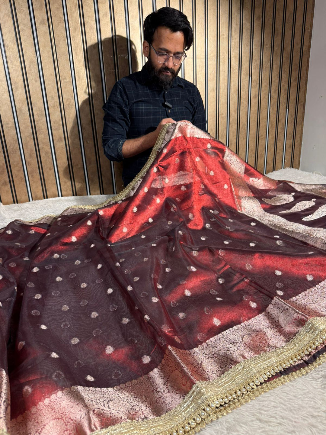 Carmine Maroon Kora Tissue Designer Banarasi Saree