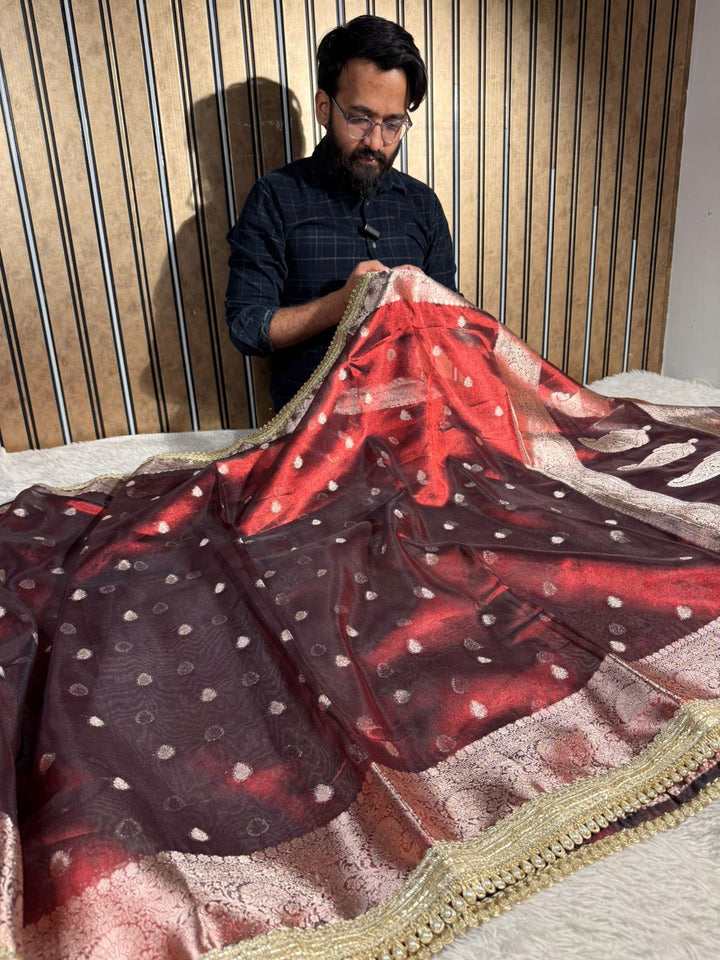 Carmine Maroon Kora Tissue Designer Banarasi Saree