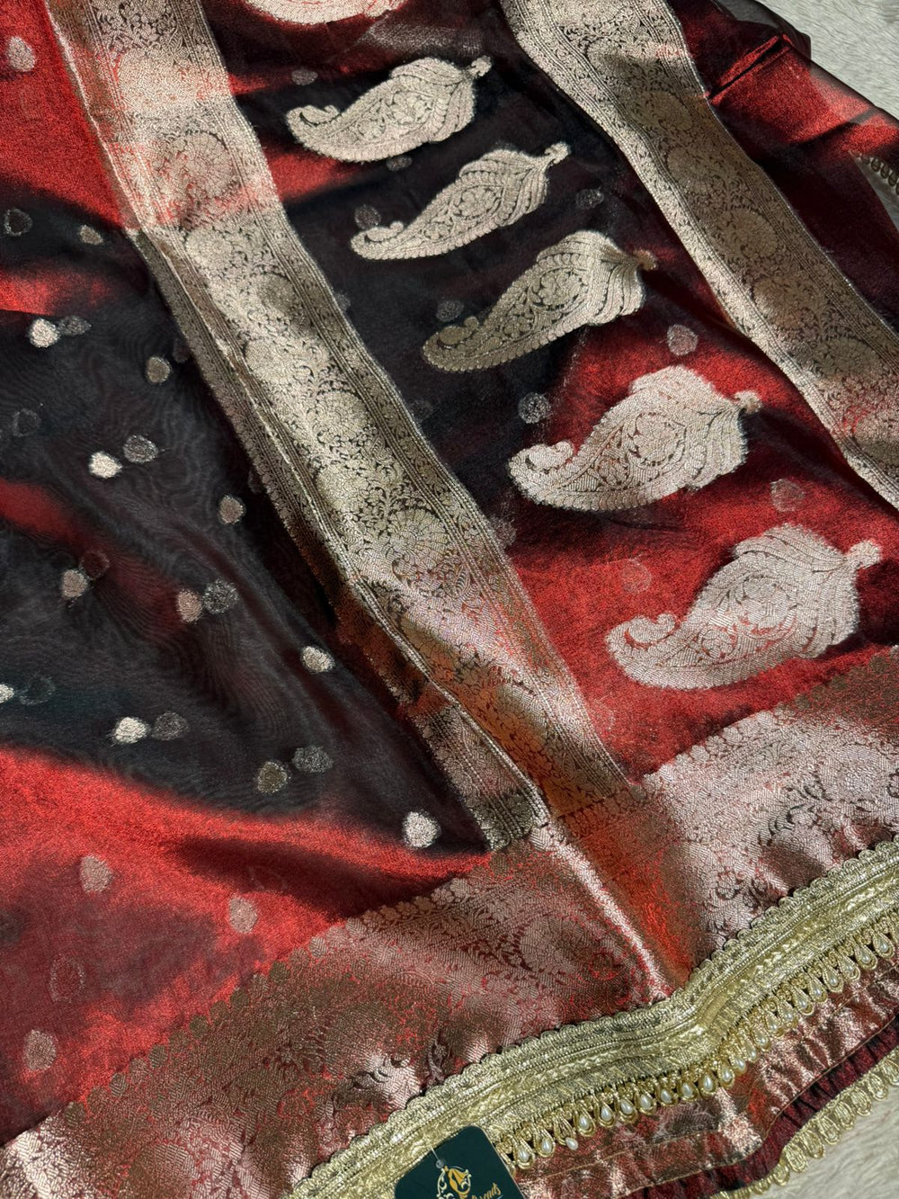 Carmine Maroon Kora Tissue Designer Banarasi Saree