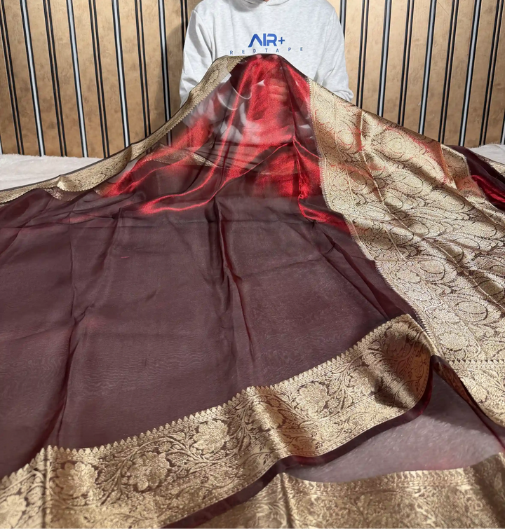 Carmine Maroon Pure Tissue Silk Banarasi Saree