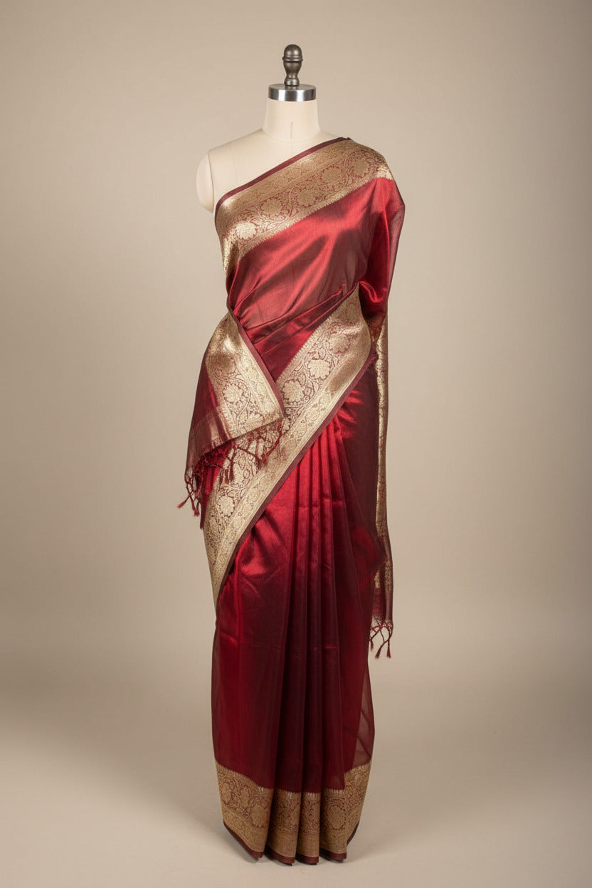 Carmine Maroon Pure Tissue Silk Banarasi Saree