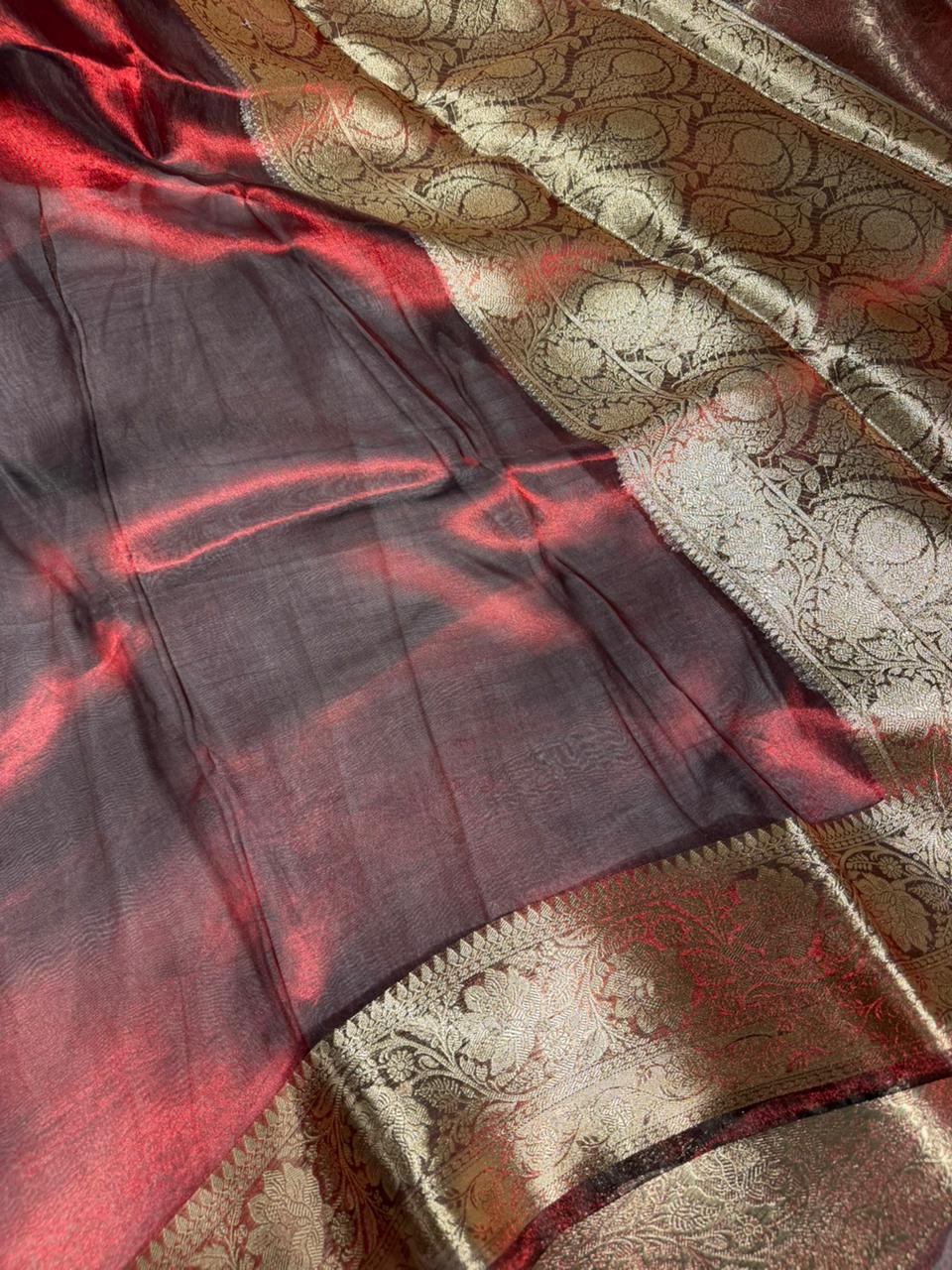 Carmine Maroon Pure Tissue Silk Banarasi Saree