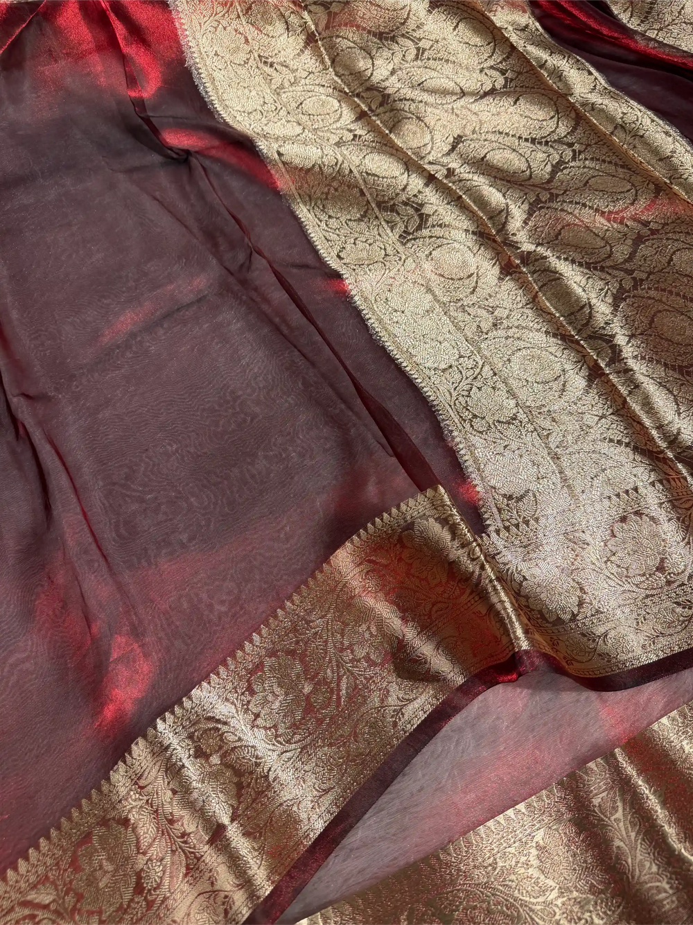 Carmine Maroon Pure Tissue Silk Banarasi Saree