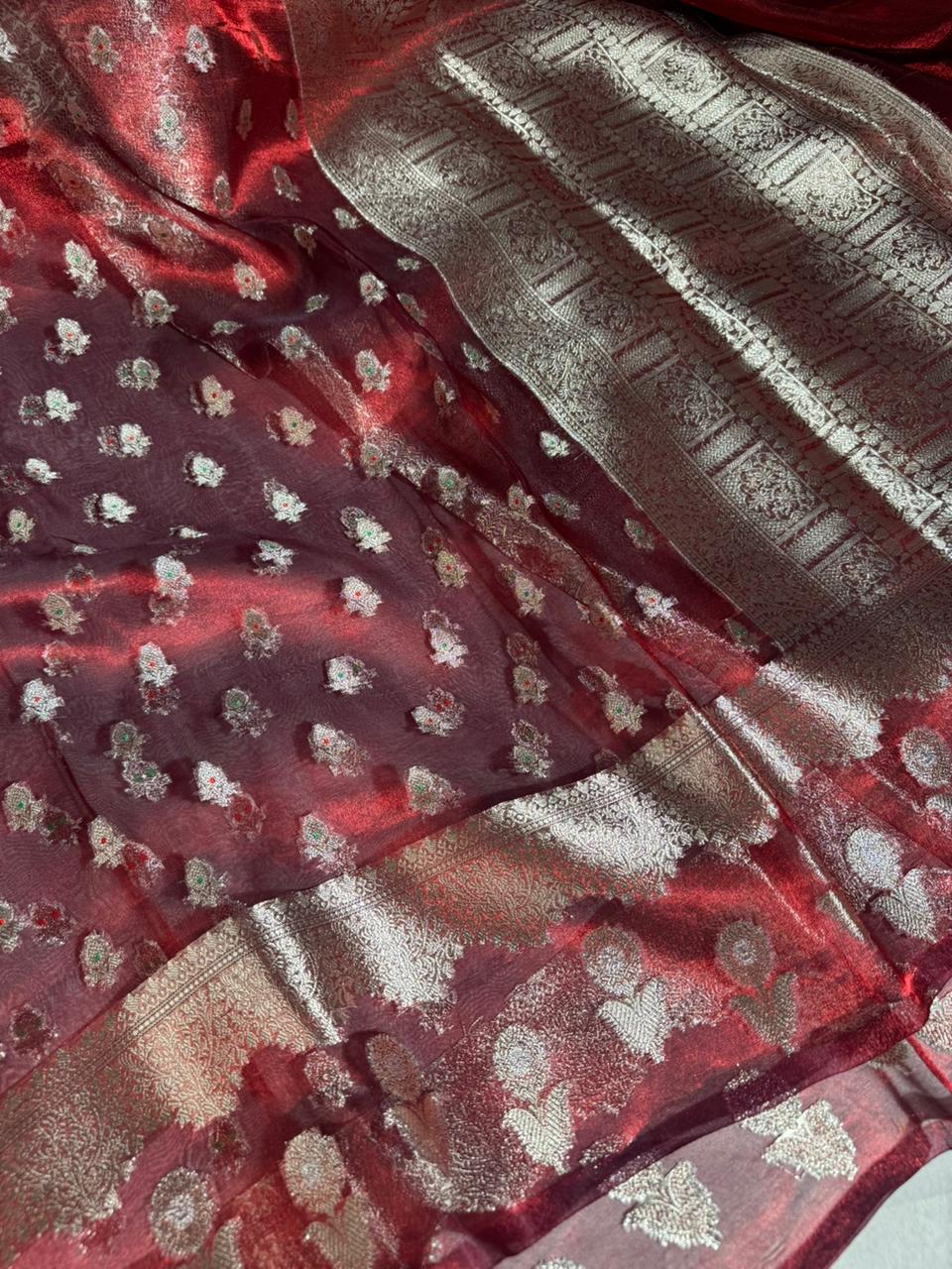 Carmine Maroon Shade 100% Pure Tissue Silk Saree with Never Seen Before