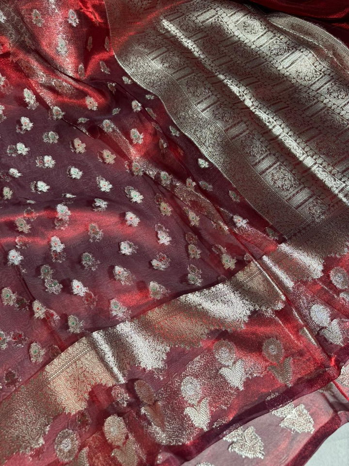Carmine Maroon Shade 100% Pure Tissue Silk Saree with Never Seen Before