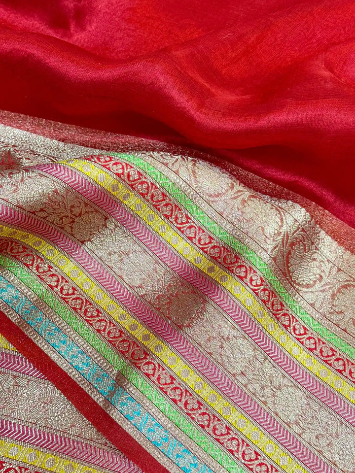 Carmine Red Pure Tissue Silk Banarasi Saree