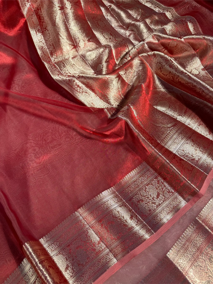 Carmine Red Pure Tissue Silk Intricate Banarasi Saree
